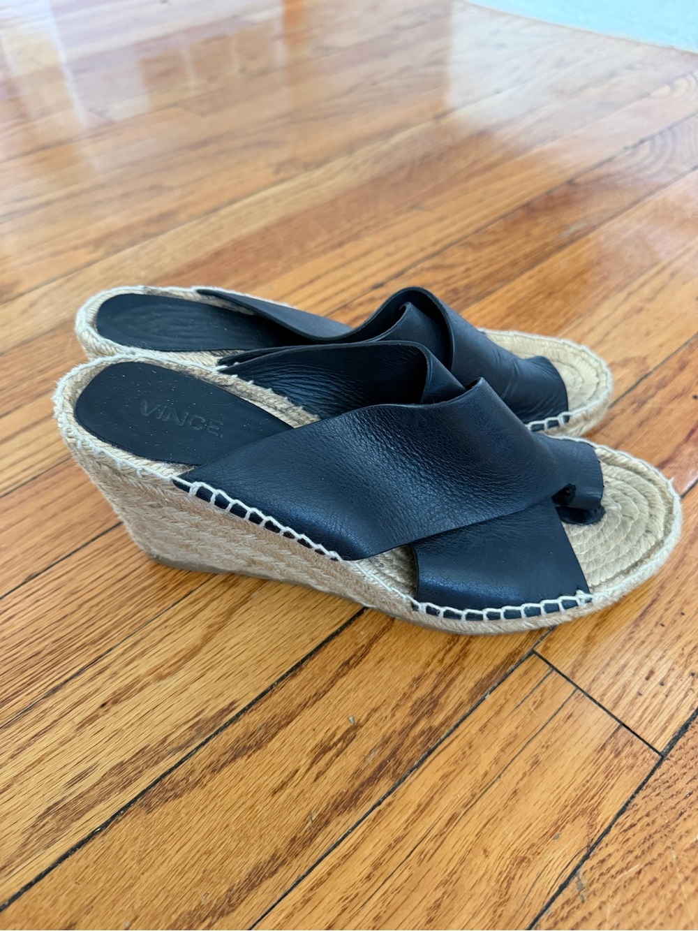 Vince Black Leather Espadrille Wedge Slides with Braided Jute Sole